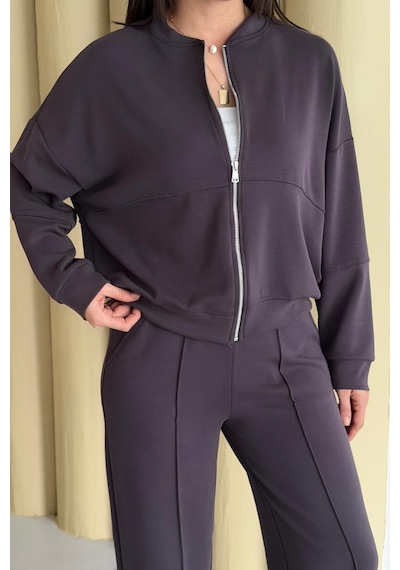 Balenbi Kadın Oversize Fermuarlı Modal Spor Takım Wide Leg Bol Paça 1194 - Form Serisi Kahverengi