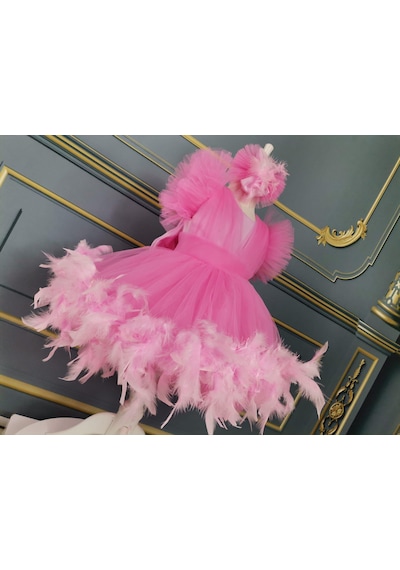 Star Kids Fashion Kız Çocuk Pembe Tüylü Elbise,kız Çocuk Mezuniyet Elbisesi