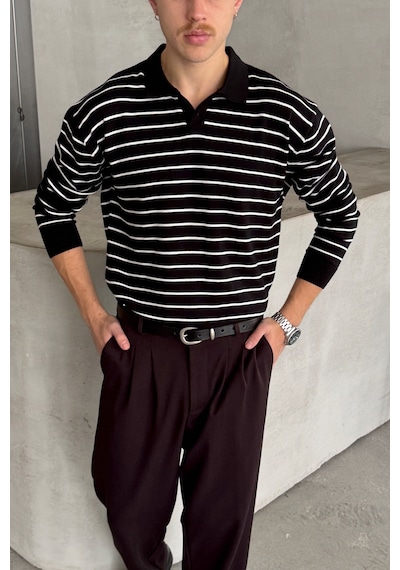 Erkek Pamuklu Polo Yaka Oversize Triko Kazak Beyaz