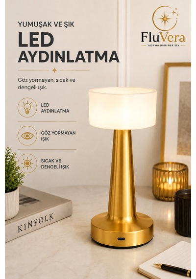 Gold Şarjlı Led Masa Lambası Kablosuz Dokunmatik Taşınabilir Dekoratif Gece Lambası Usb-c Altın