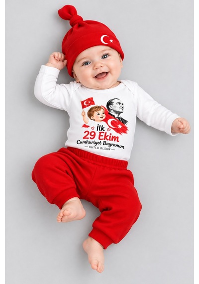 Babyden's İlk 29 Ekim Cumhuriyet Bayramım Baskılı 3'lü Bebek Takımı 100 Pamuk Uzun Kollu Çıtçıtlı Body Pantolon Bere Seti Kırmızı - Beyaz