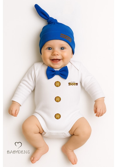 Babyden's Mini Boss Papyonlu Erkek Bebek Body Seti Şapkalı Yenidoğan Bebek Body-zıbın Takım Saks Mavi