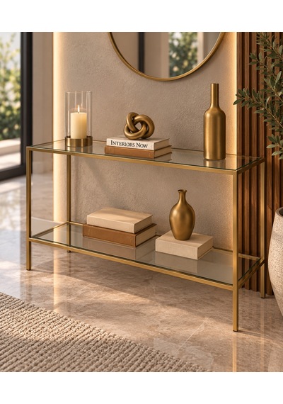 Teknor Şeffaf Camlı Gold Metal Konsol 100 Cm Modern Salon Dresuarı Altın