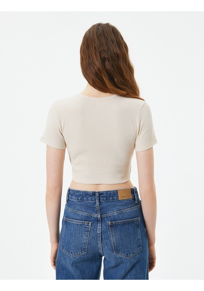 Koton Basic Crop Tişört Ribanalı Kısa Kollu Bisiklet Yaka Slim Fit Bej 4sal10054ık 4SAL10054IK052 Ekru
