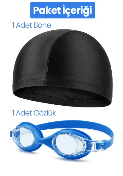 Set Yüzücü Gözlüğü Kumaş Bone Set Yüzme Havuz Deniz Gözlüğü Ve Bone Mavi