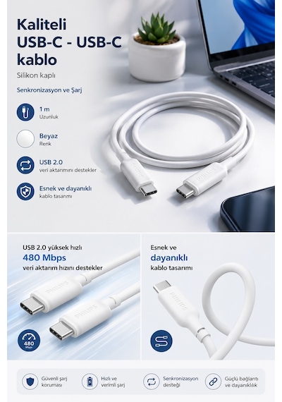 Philips DLC6541CW/00 USB-C – USB-C Hızlı Şarj Kablosu, 60W PD, 1.2 Metre, Silikon Kaplama, Beyaz