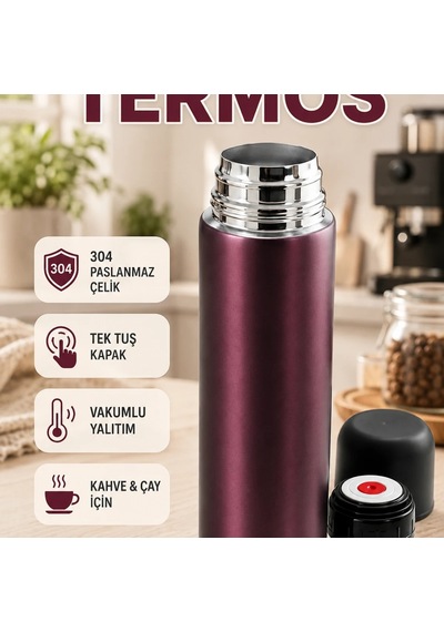 304 Paslanmaz Çelik Vakumlu Seyahat Termosu Tek Tuş Kapaklı Kahve Ve Çay Termosu Çok Renkli