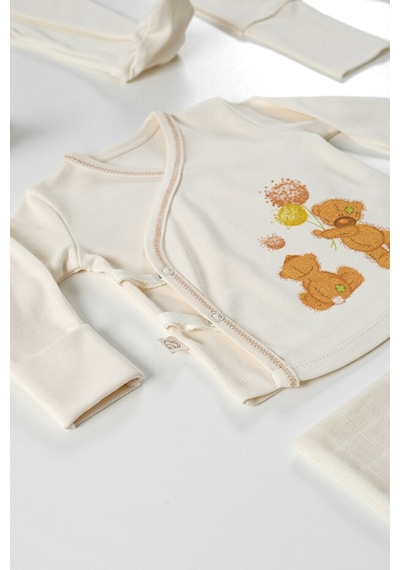 Tinylamb Fluffy Bear Oyuncaklı Organik Yenidoğan Hastane Çıkış Seti - 11 Parça Krem