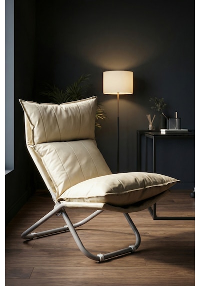 Lumis Garden Prestij Katlanabilir Deri Lounge Koltuğu Çıkarılabilir Kılıf, Modern Metal İskelet Bej
