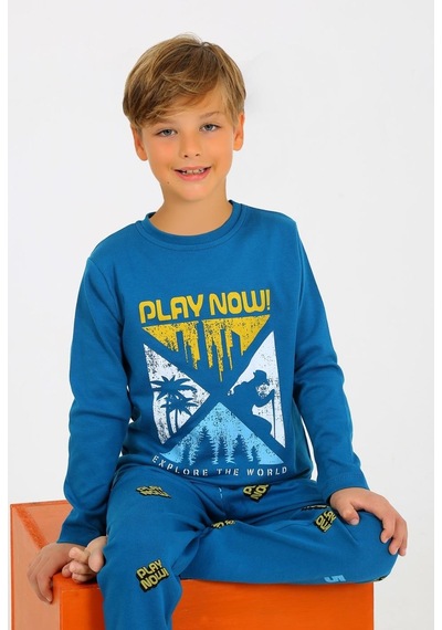 Vitmo Erkek Çocuk Uzun Kollu %100 Pamuklu Pijama Takımı Play Now Petrol PETROL