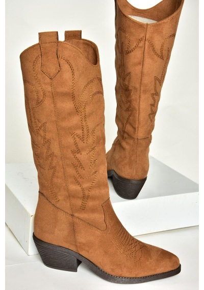 Fox Shoes T404401202 Taba Süet Kovboy Model Kadın Çizme Taba-Süet