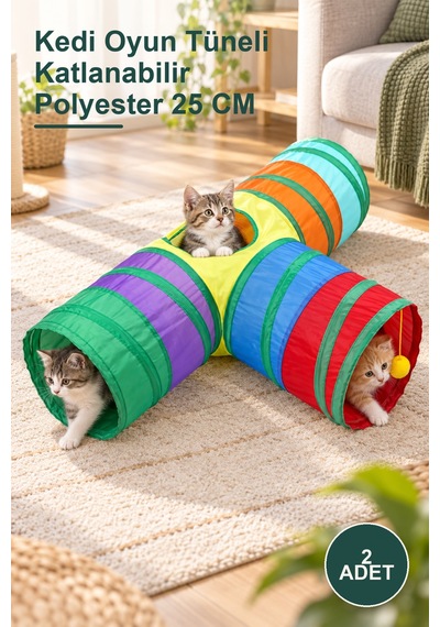 2 Adet Kedi Oyun Tüneli Katlanabilir Polyester 25 Cm