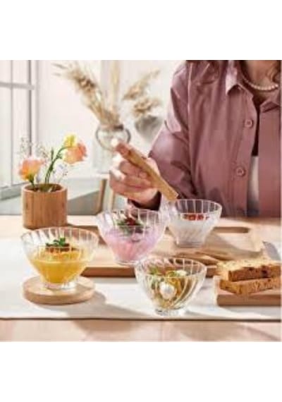 Cam Kase Seti Çizgili Desenli, 6 Lı Servis Ve Tatlı Kasesi, Salata, Meze, Çerez Ve Dondurma İçin Şık Sofra Gereci Çok Renkli
