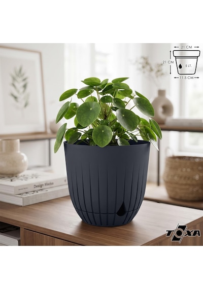 Çizgi Saksı Plastik Delikli Tabaklı Çiçek Saksısı 1 Adet, Antrasit, 5 Litre 001