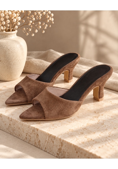 Yeo Leather Kahverengi Hakiki Süet Deri 6,5 Cm Topuklu Önü Açık Sivriburun Terlik El Yapımı Mule Sandalet