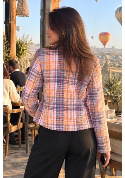 Armonika Kadın Sarı-fuşya Kruvaze Yaka Tüvit Crop Ceket Arm-24k001014