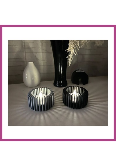 Gees Global 3d Baskı Modern Çizgili Mumluk - Tealight Mumluk 1 Adet -gri Gbzs