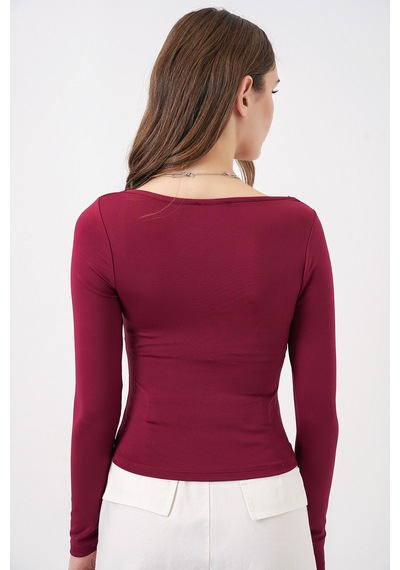 Bigdart Kadın Kare Yaka Slim Fit Bluz 986 - Bordo