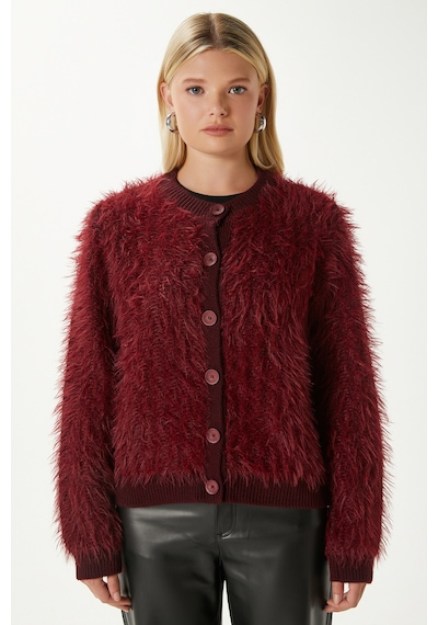 Ritnice Kadın Rush Yumuşak Sakallı Bordo Bisiklet Yaka Triko Hırka Ws-07226 Bordo