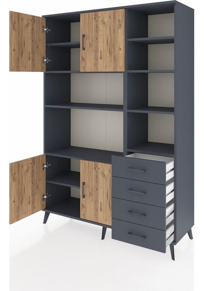 Hyperion Dolap 9 Raflı 4 Çekmeceli 4 Kapaklı 132x44x195 Antrasit-çam/antrasit Atlas Çam/antrasıt