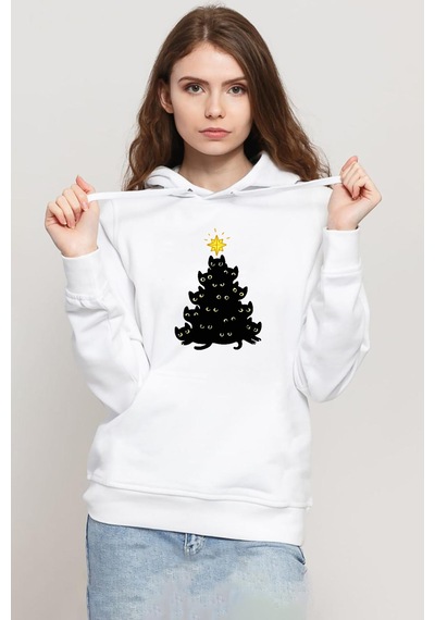 Meowy Christmas Beyaz Kadın 3ip Kapşonlu Sweatshirt 001