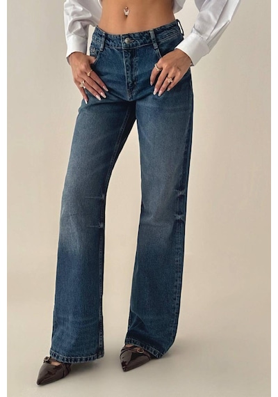 Lacarino 7650 Baggy Flare Kadın Jean Pantolon Dark Blue Tnt