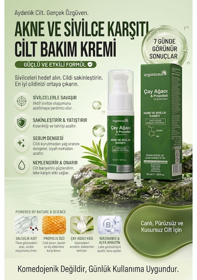 Organicsun Çay Ağacı Ve Propolisli Akne Ve Sivilce Karşıtı Cilt Bakım Kremi Siyah Nokta Ve Leke Görünümü Bakımı 50 Ml