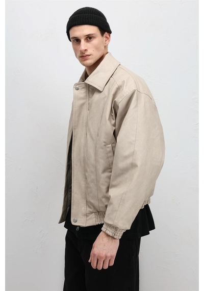 Vamos Oversize Deri Bomber Ceket Taş