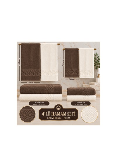 4 İü Hamam Seti 50x90 Ve 70x140 Pamuk Jakarlı Kahverengi - Krem