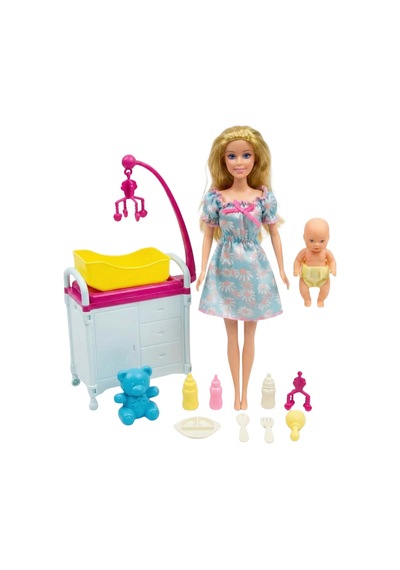 Good Girl Anne Ve Tatlı Bebeği Bakım Seti - 29 Cm Aksesuarlı Oyuncak Bebek Ve Beşik Sarı
