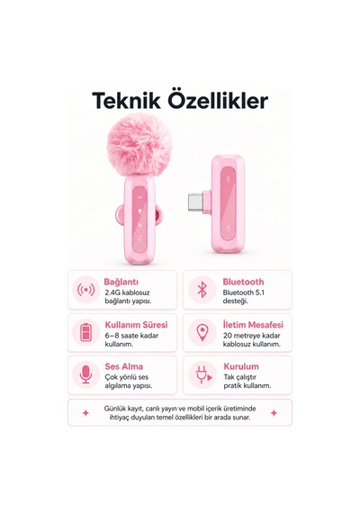 Pembe Kablosuz Yaka Mikrofonu 2.4g Type-c / Lightning Uyumlu Gürültü Azaltmalı Mini Vlog Canlı Yayın Röportaj Mikrofonu