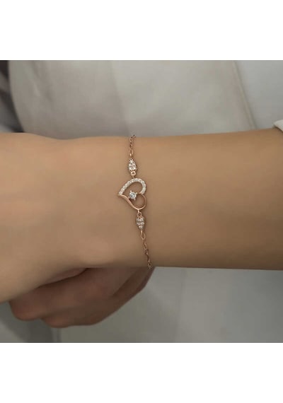 925 Ayar Gümüş Rose Kalpli Tektaş Kadın Bileklik Beyaz