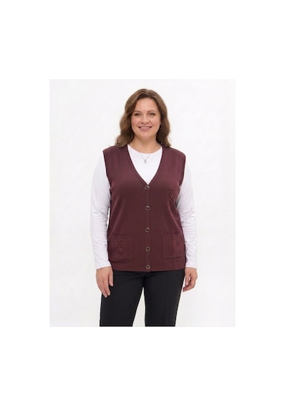 Onno Style Women Cebi Taşlı Çelik Örgü Klasik Triko Yelek Bordo
