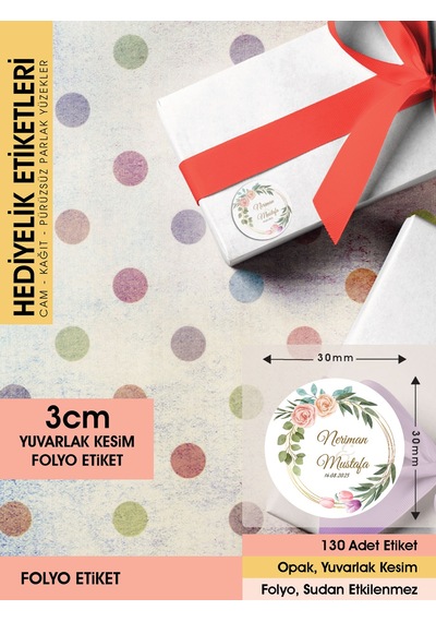 Suluboya Çiçek Modeli 3, Etiket Modeli Ürünlerinize Özel 3cm - 130 Adet Folyo Sticker Renkli