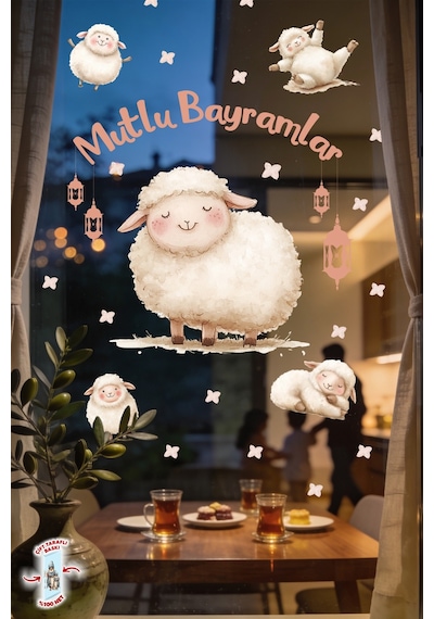 Sevimli Kuzulu Kurban Bayramı Cam Sticker Seti Çift Taraflı 61 Parça Bayram Süsü Premium Sticker Dijital Baskı