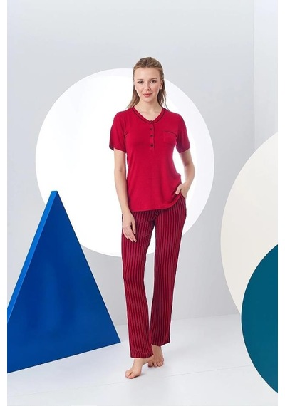 Pjs 24157 Kadın Çizgili Patlı Kısa Kol Pijama Takım 001