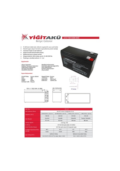 12v 7 Ah-amper Kuru Tip Agm Ups Akü Yd12-7 Yiğit Akü