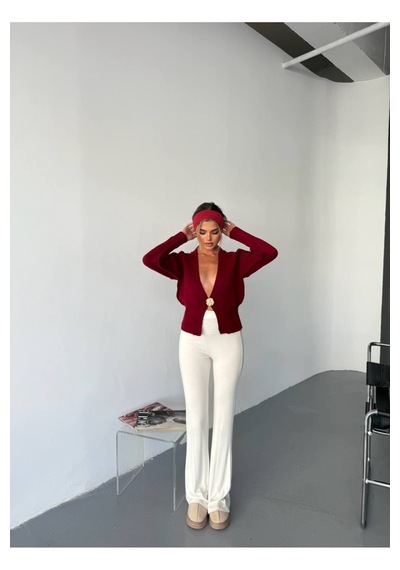Kechi Woman Gold Aksesuarlı Tek Düğme Triko Hırka Bordo