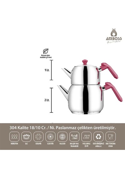 Opal Cam Kapaklı Çelik Çaydanlık Takımı Bordo Gümüş