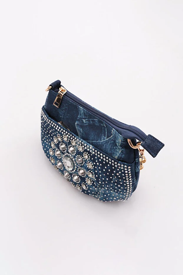 Guja C1090 Kadın Taşlı Denim Küçük Omuz Ve Çapraz Çanta Kot Lacivert