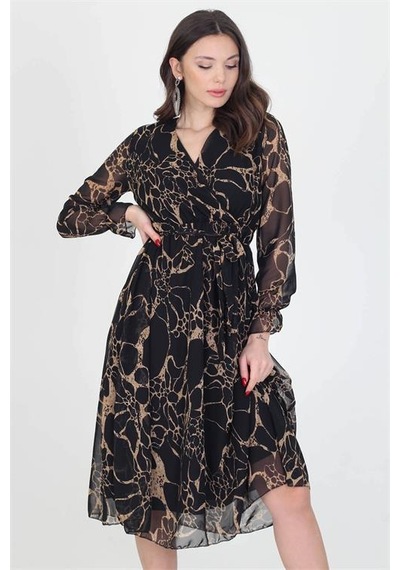 Dip Moda Kadın Astarlı Kruvaze Yaka Midi Boy Şifon Elbise Dprssn06 Siyah