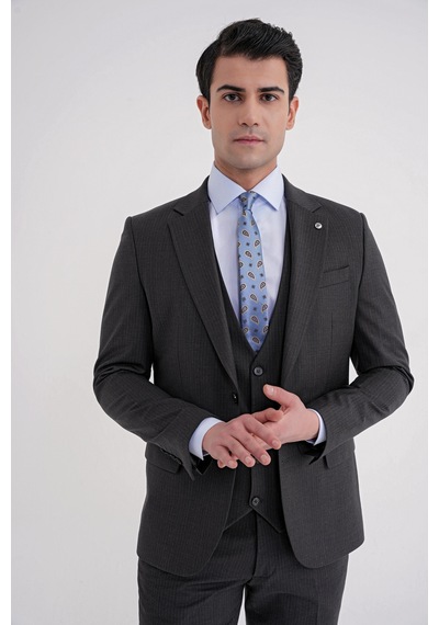 Efor Slim Fit Çift Yırtmaç Çizgili Esnek Yünlü Antrasit Yelekli Klasik Takım Elbise Tk 935 Antrasit