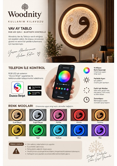 Vav İslami Ay Tablo, Koyu Ceviz Ahşap Çerçeveli, Rgb Led Işıklı El Yapımı Vav Harfi Duvar Dekorasyonu
