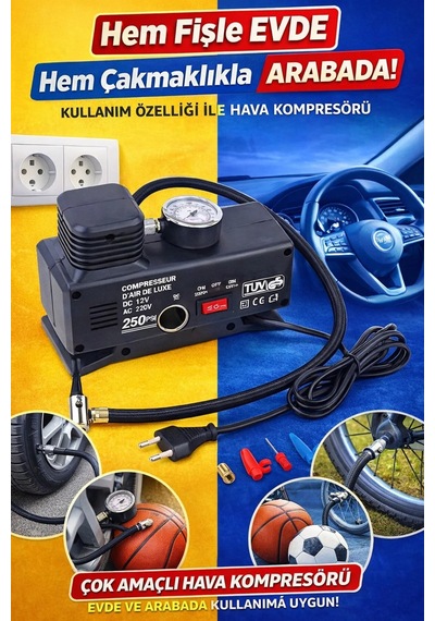 Volemi Vm-725 Çift Girişli 12v/220v 250 Psı Ev Ve Araç Uyumlu Hava Kompresörü Lastik Şişirme Pompası