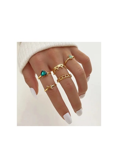 Lavin 6 Adet Yeşil Taşlı Aşk Temalı Şık Vintage 14 Şubat Sevgiliye Hediye Gold Altın Yüzük Seti