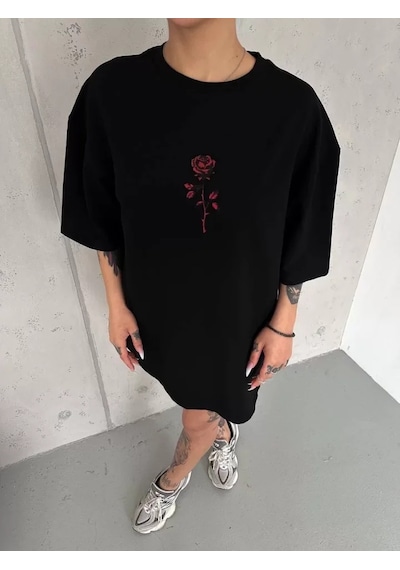 Cojans Unisex Bisiklet Yaka Baskılı Oversize T-shirt - Siyah Karışık