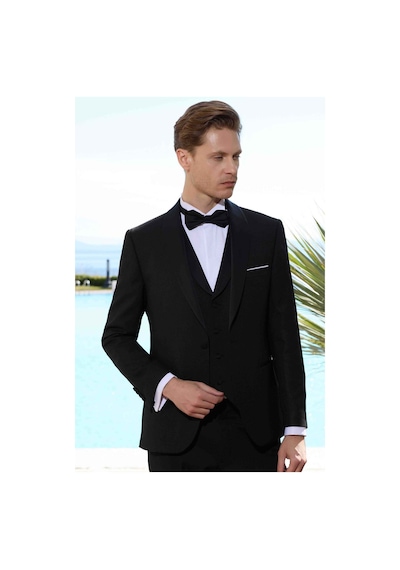 Morven Erkek Siyah Poliviskon Ceromonia Santorini Slim Fit Şal Yaka Damatlık Siyah