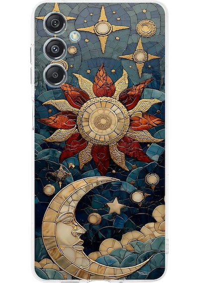 Printify Samsung Galaxy M34 İle Uyumlu Vitray Sol Ve Luna Tasarımlı Şeffaf Silikon Kılıf Şeffaf