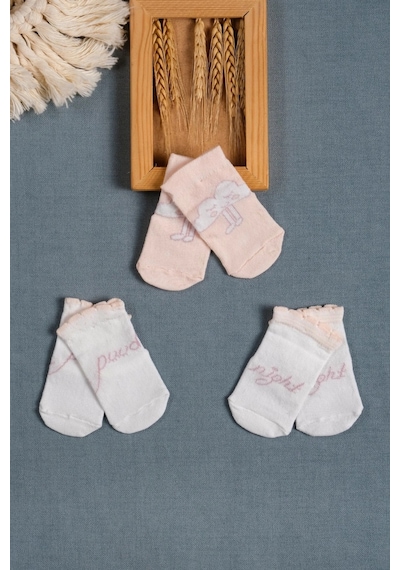Cocole Socks Kız Bebek Soket Çorabı 3 Lü Set Pamuklu Somon İyi Geceler & Bulut Desenli Çok Renkli