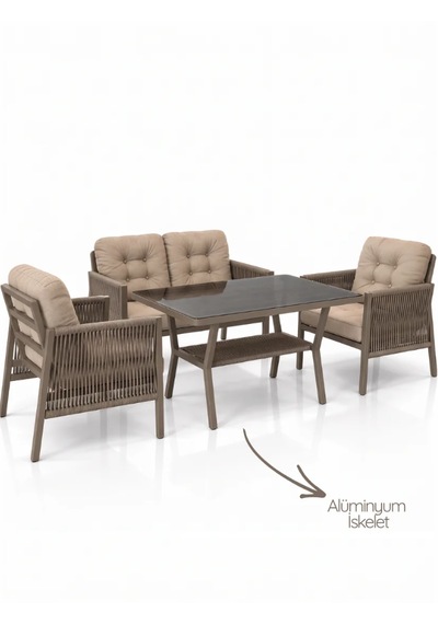 Vena 2+1+1 Alüminyum Oturma Grubu 4 Kişilik Bahçe Balkon Teras Çay Seti Vizon